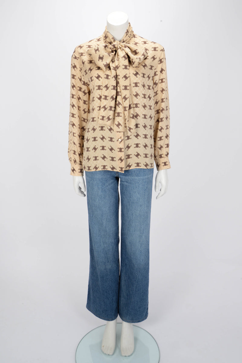 Celine Beige Silk Triomphe Tie-Neck Blouse FR 38