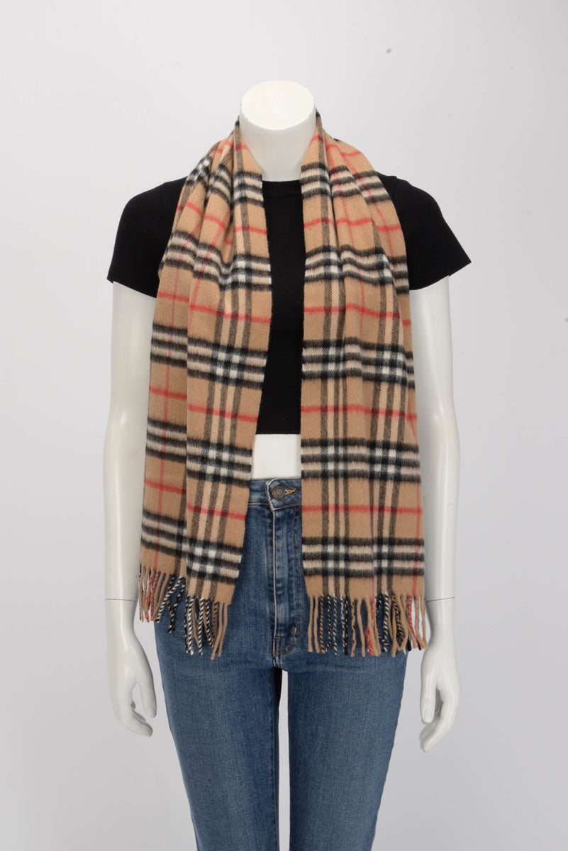 Burberry Camel Cashmere House Check Fringed Scarf