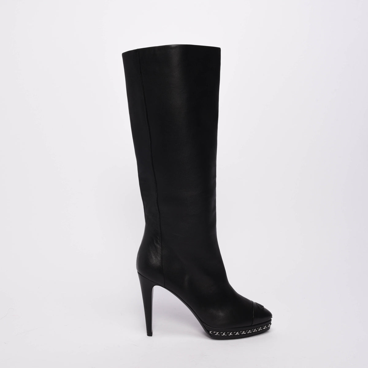Chanel Black Lambskin CC Cap Toe Knee High Boots 40
