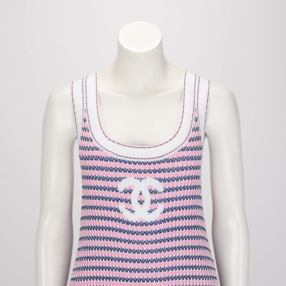 Chanel Pink Striped Knit CC Tank Dress FR 42