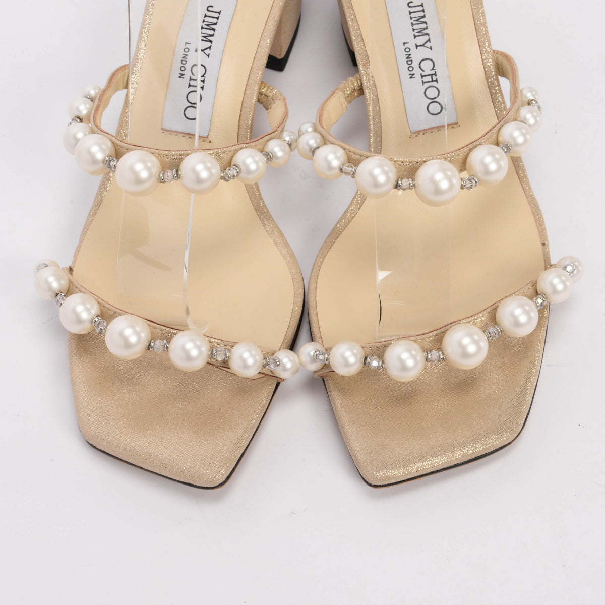 Jimmy Choo Gold Shimmer Suede Pearl Embellished Amara Sandals 38