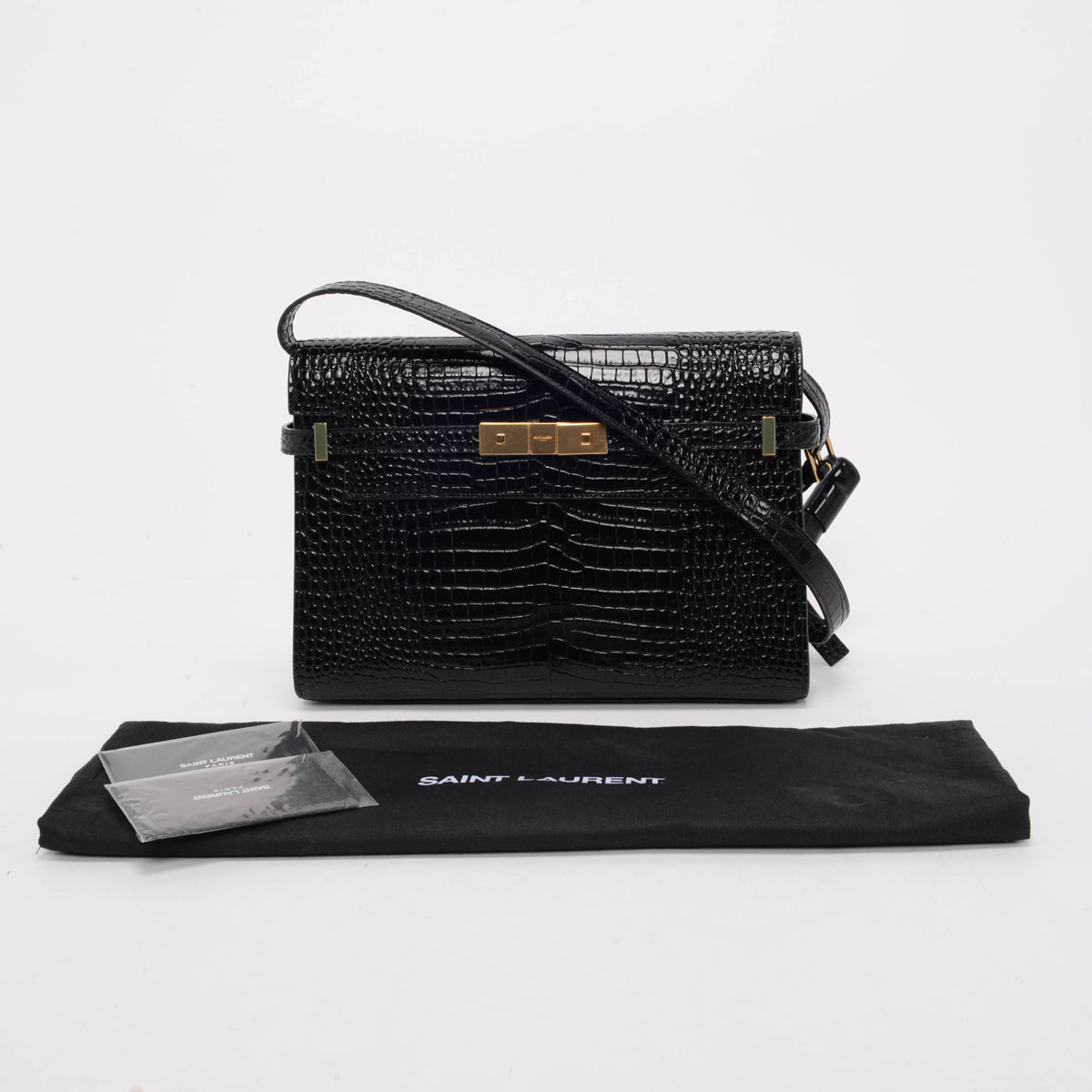 Saint Laurent Black Croc Embossed Medium Manhattan Shoulder Bag