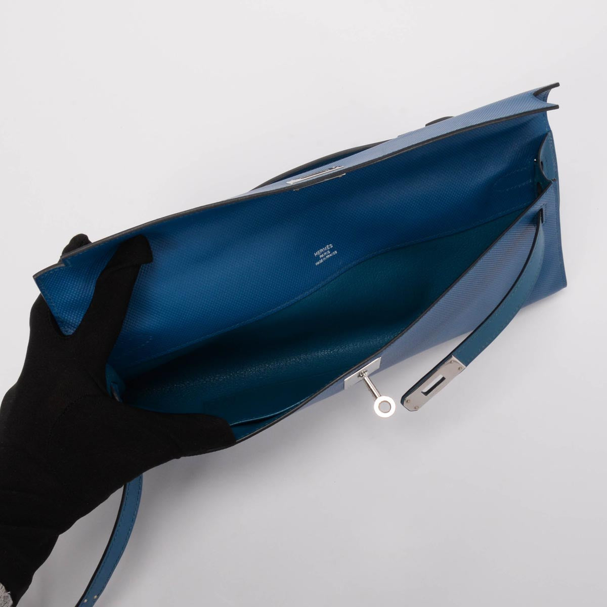Hermes Bleu de Galice Grain d'H Calfskin Kelly Cut Clutch