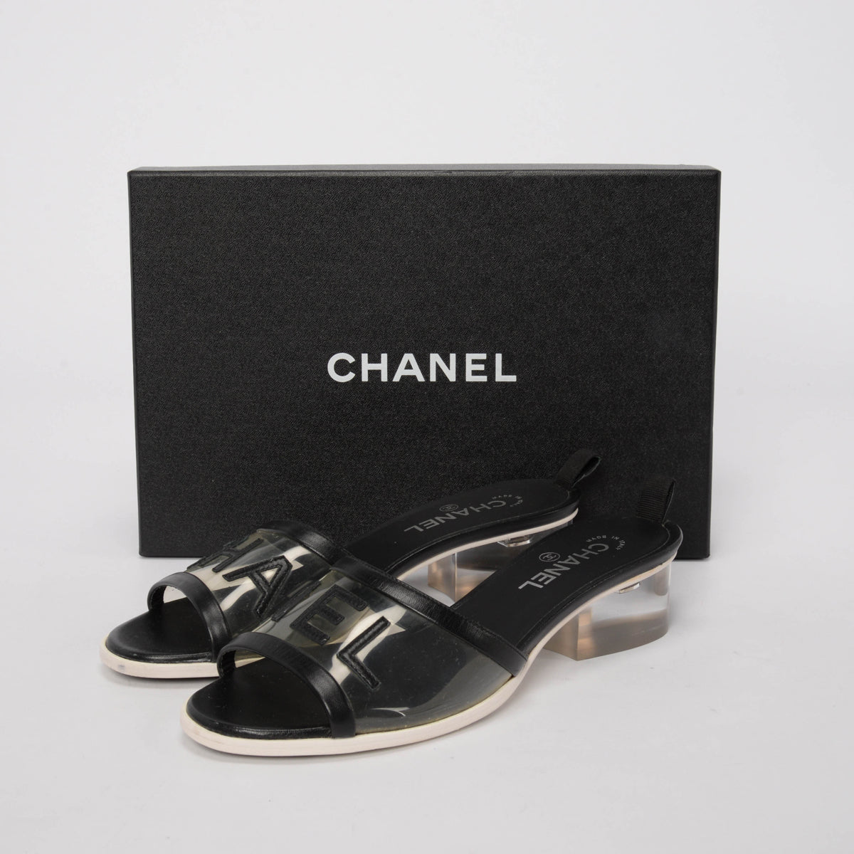 Chanel Black PVC & Lambskin Logo Sandals 40.5