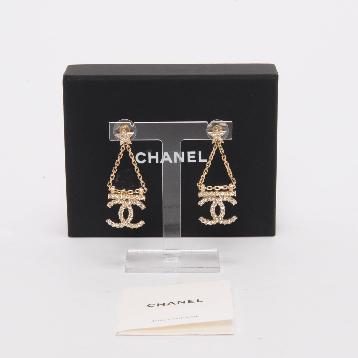 Chanel Light Gold Crystal Star Drop CC Earrings