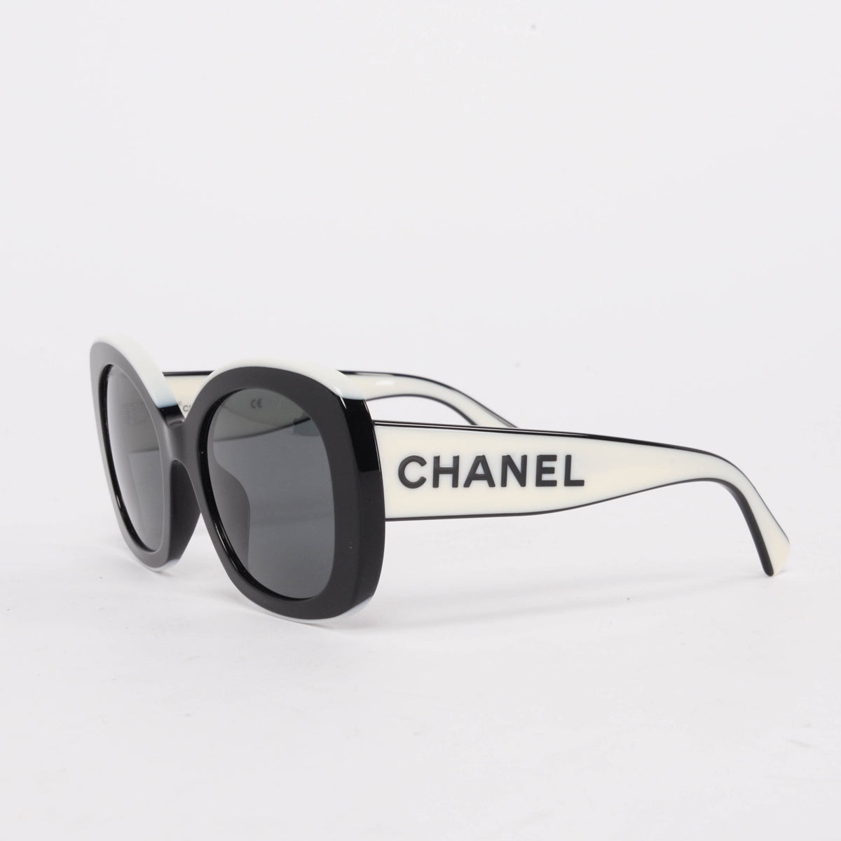 Chanel Black & White Round Spellout Sunglasses