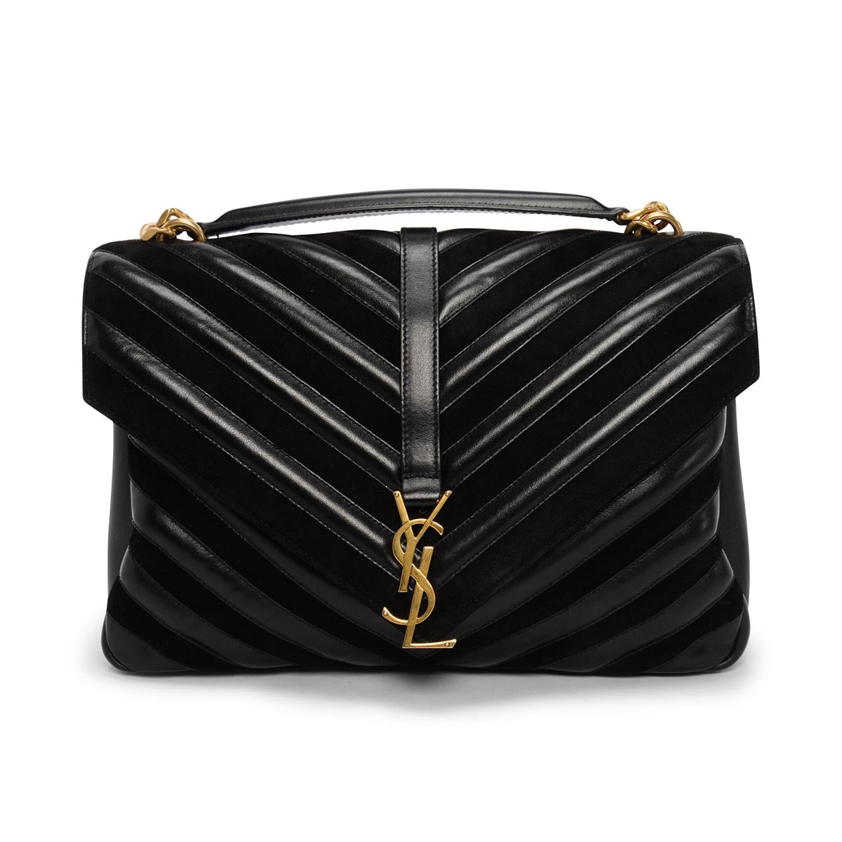 Saint Laurent Black Chevron Calfskin & Suede Large College Bag