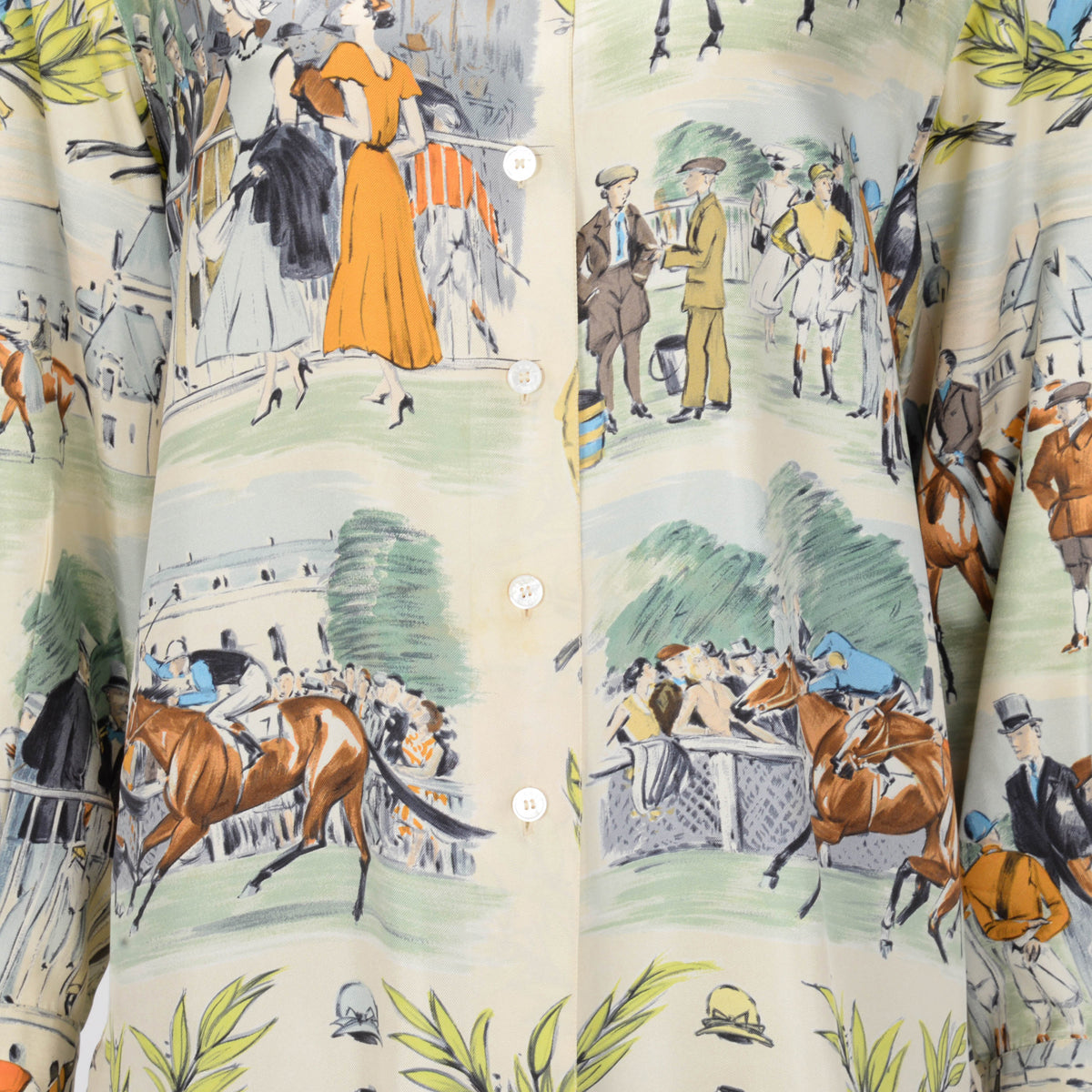 Hermes Ivory Silk Champs de Courses Chantilly Shirt FR 40
