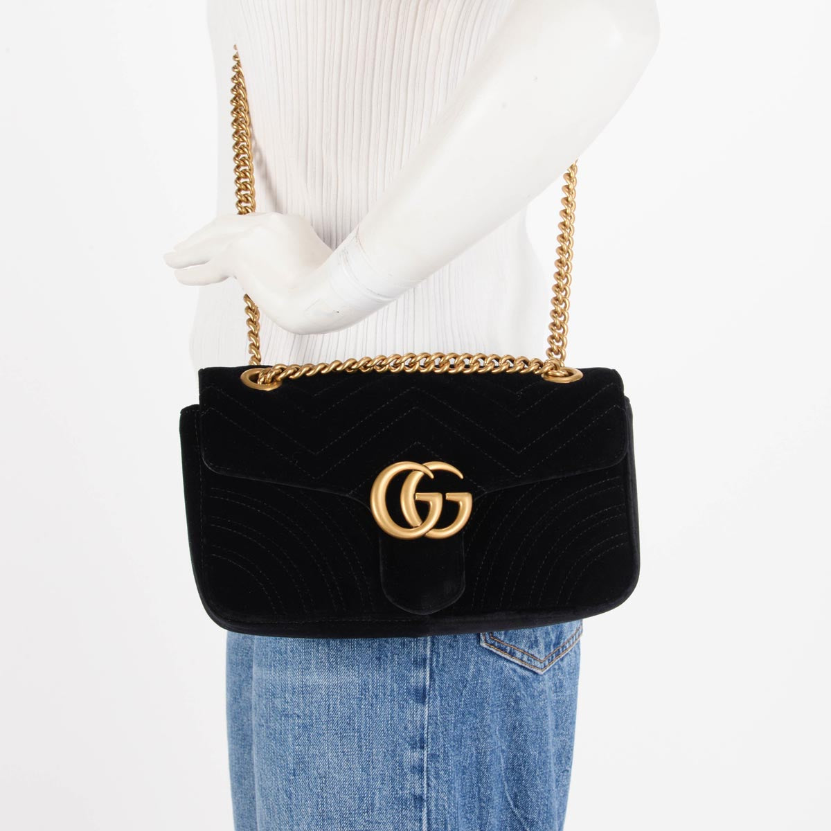 Gucci Black Velvet Matelasse Small GG Marmont Bag