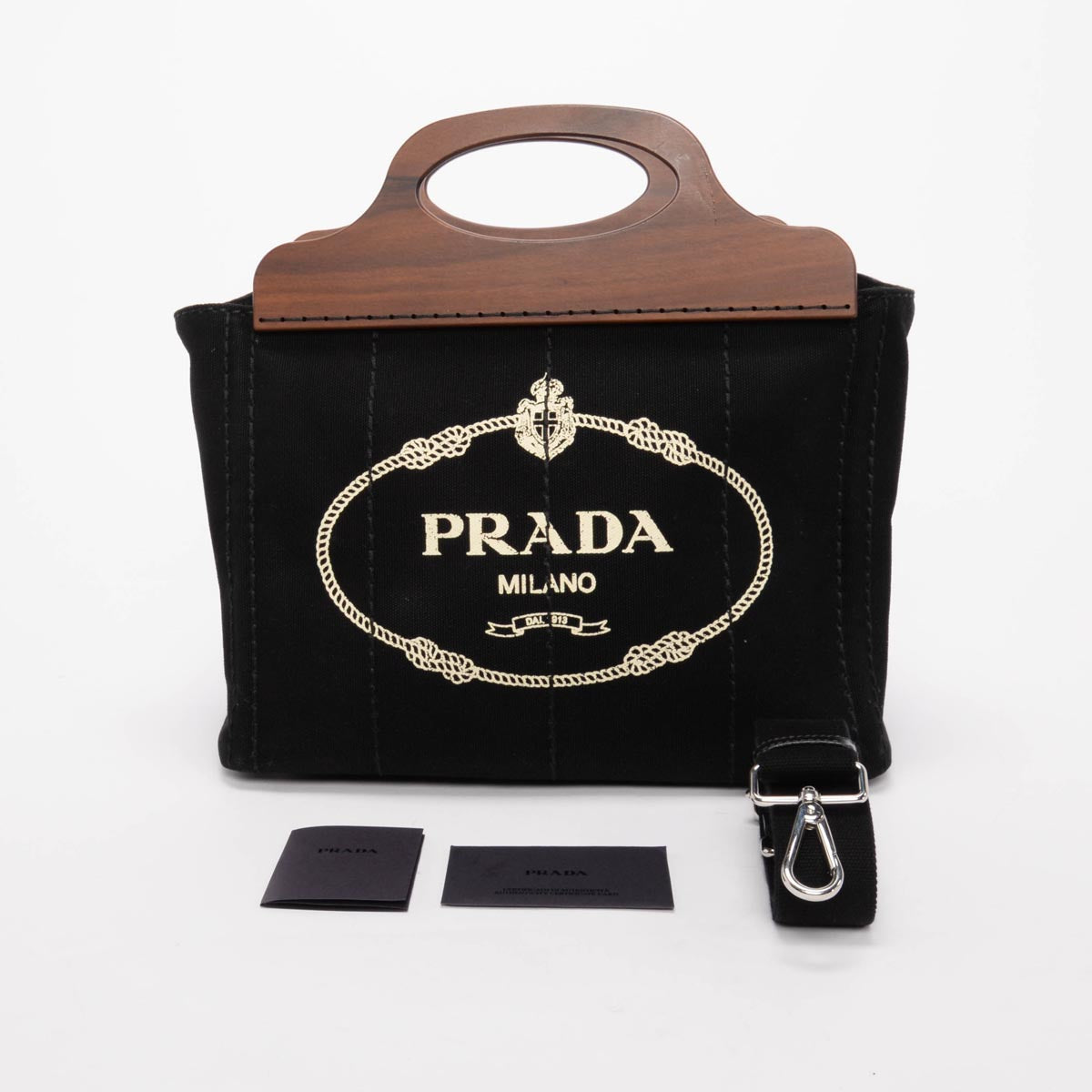Prada Black Canvas Wood Handle Canapa Tote