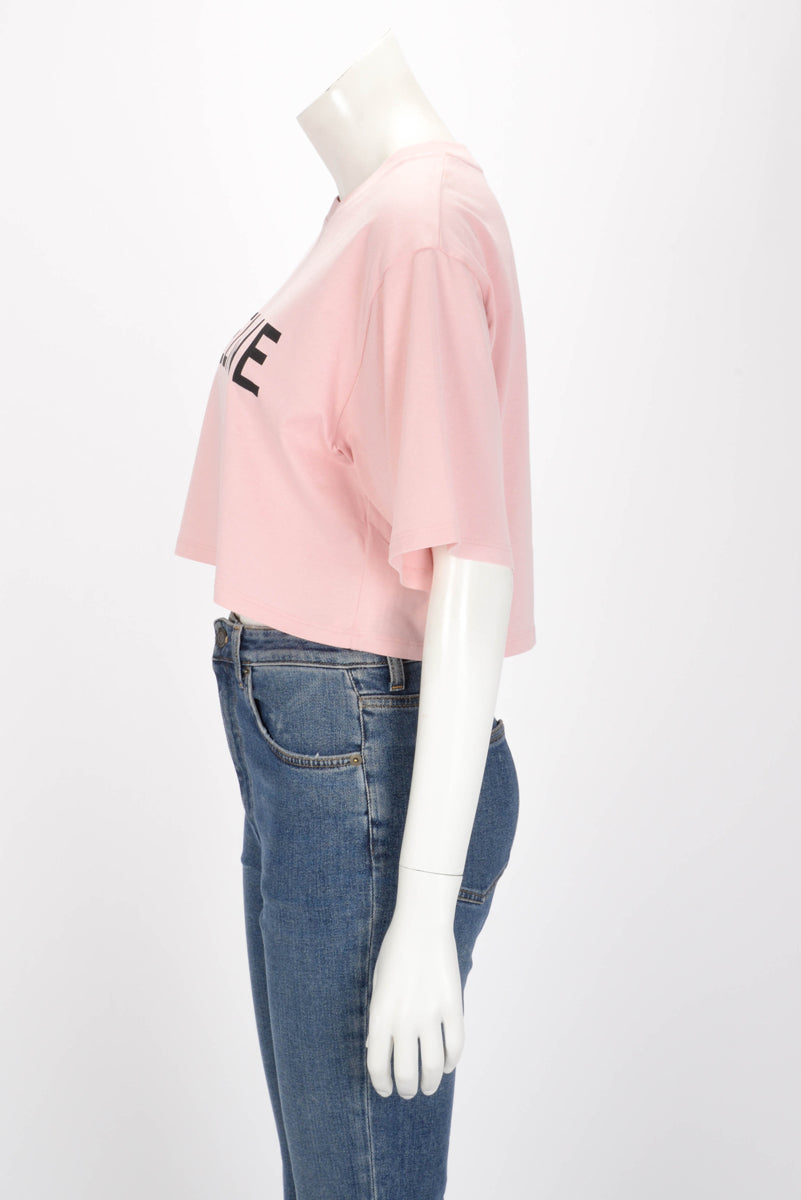 Celine Pink Cotton Logo Cropped T-Shirt M