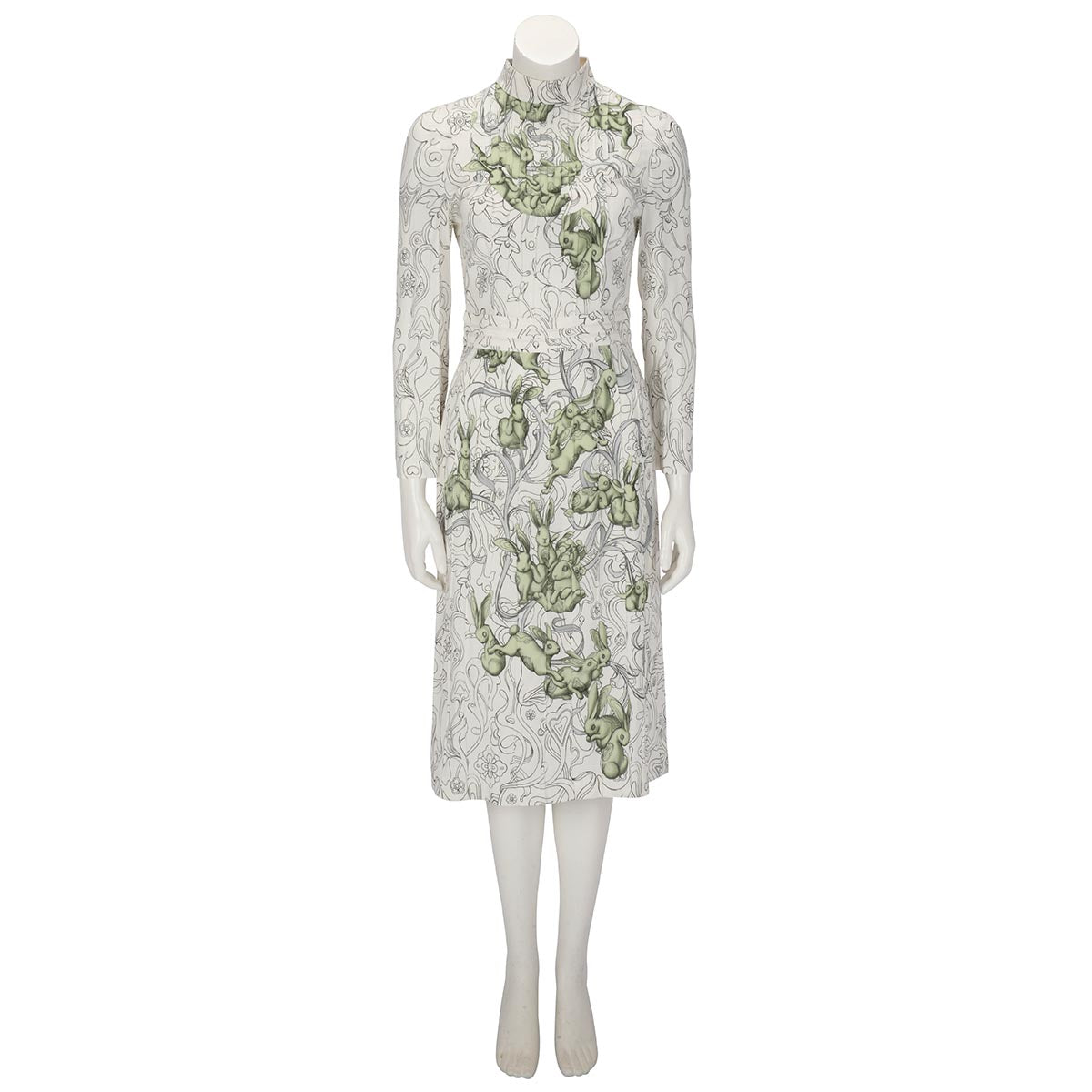 Prada White & Green Rabbit Liberty Print Longsleeve Dress IT 40