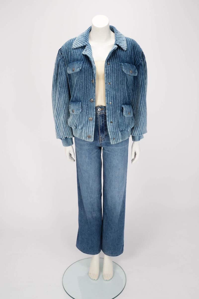 Chanel Blue Velvet & Strass Bomber Jacket FR 34