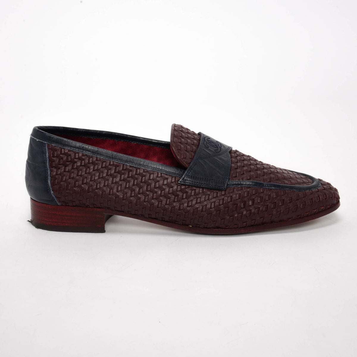 Chanel Burgundy & Navy Woven Leather CC Loafers 38.5