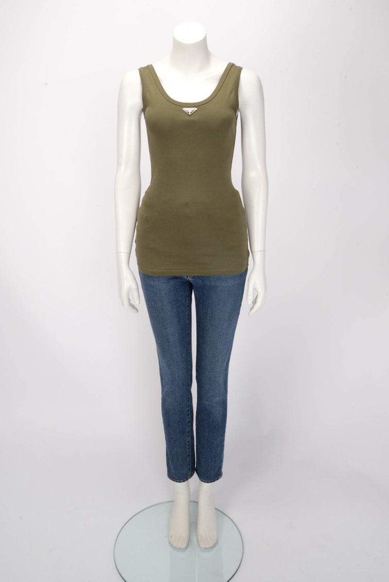 Prada Khaki Cotton Triangle Logo Singlet Top IT 38
