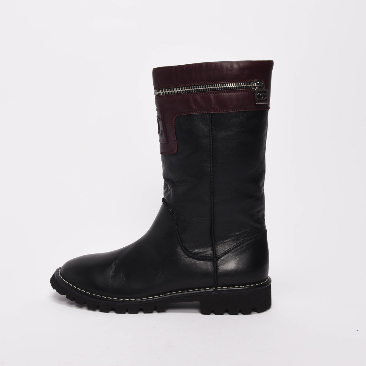 Chanel Black & Burgundy Calfskin Motorcycle Zipper Boots 40