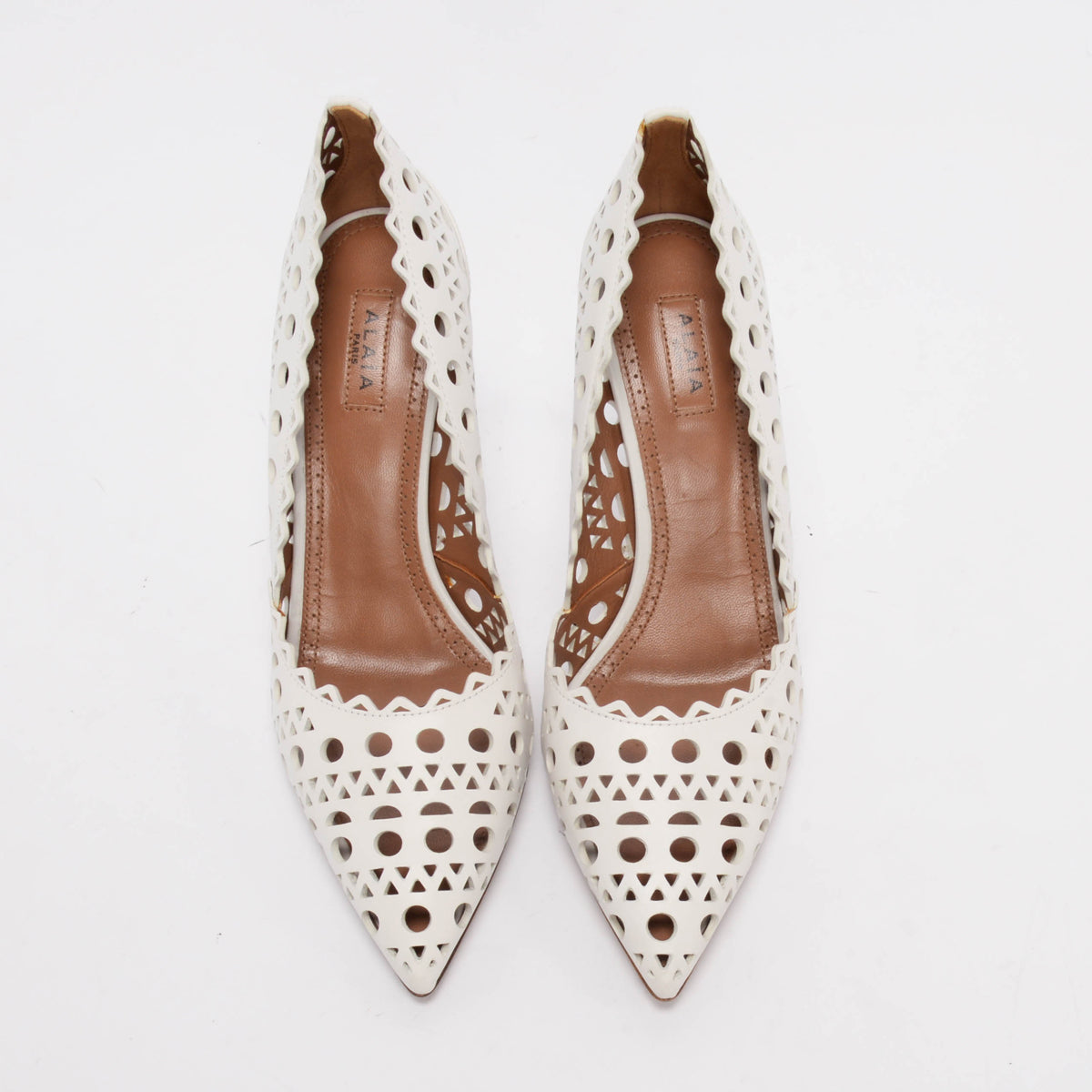 Alaia White Laser Cut Lambskin Openwork Pumps 37