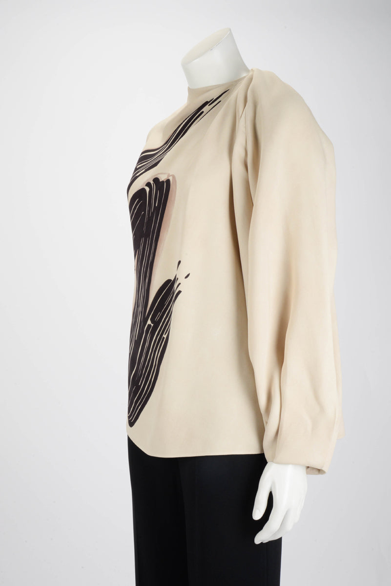 Fendi Beige Silk Asymetric Brush Stroke Blouse IT 40