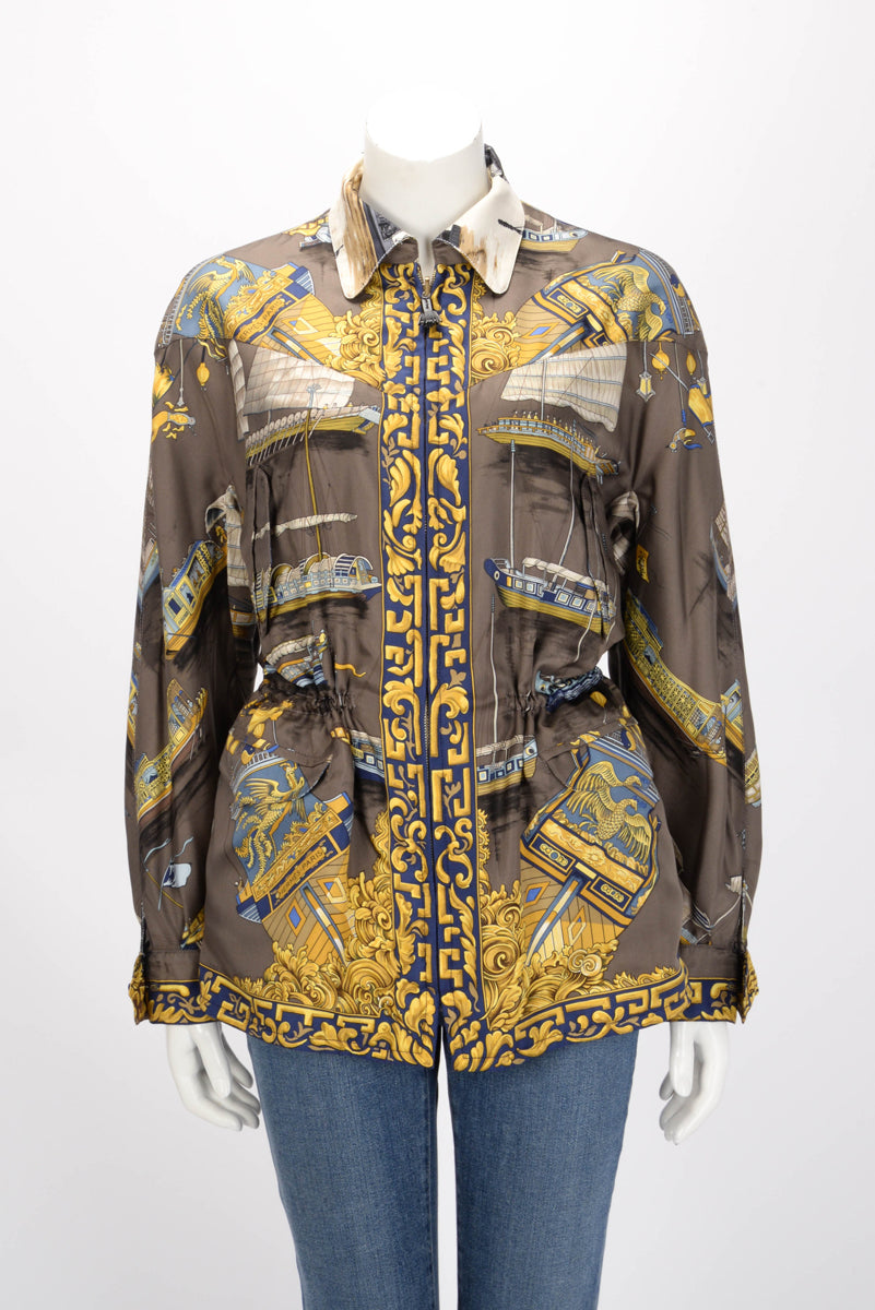Hermes Brown & Cream Silk Jonques et Sampans Reversible Jacket FR 40