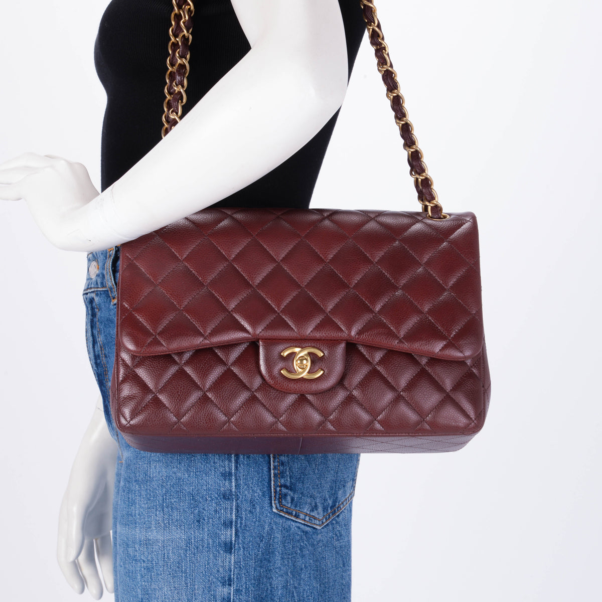 Chanel Burgundy Caviar Large Double Flap Shoulder Bag