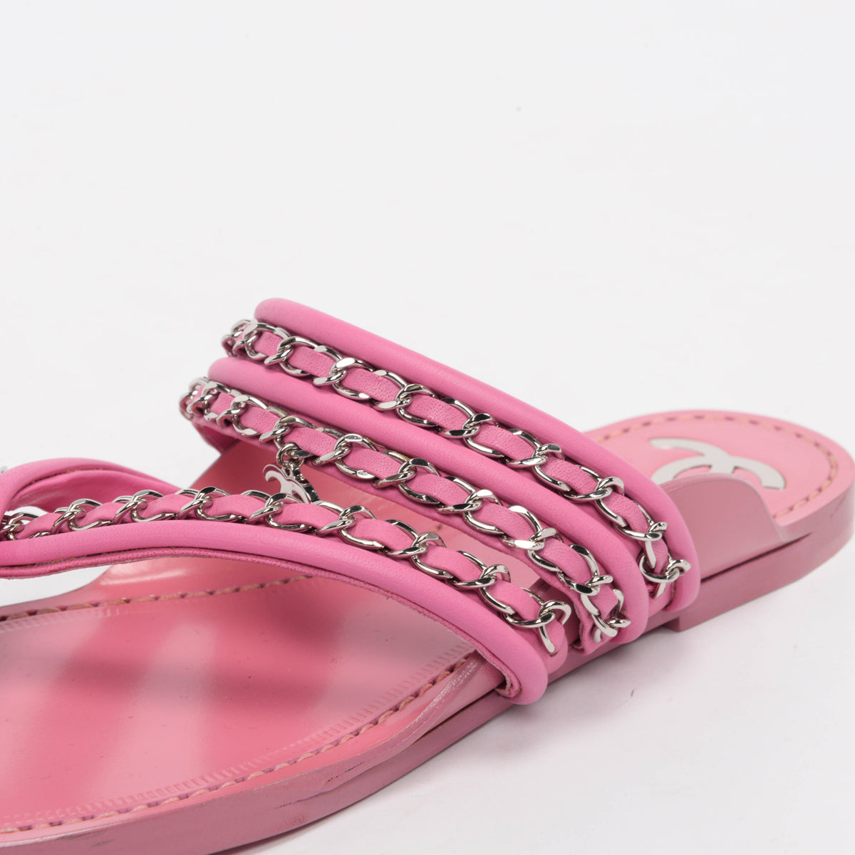 Chanel Pink Calfskin CC Chain Thong Sandals 38