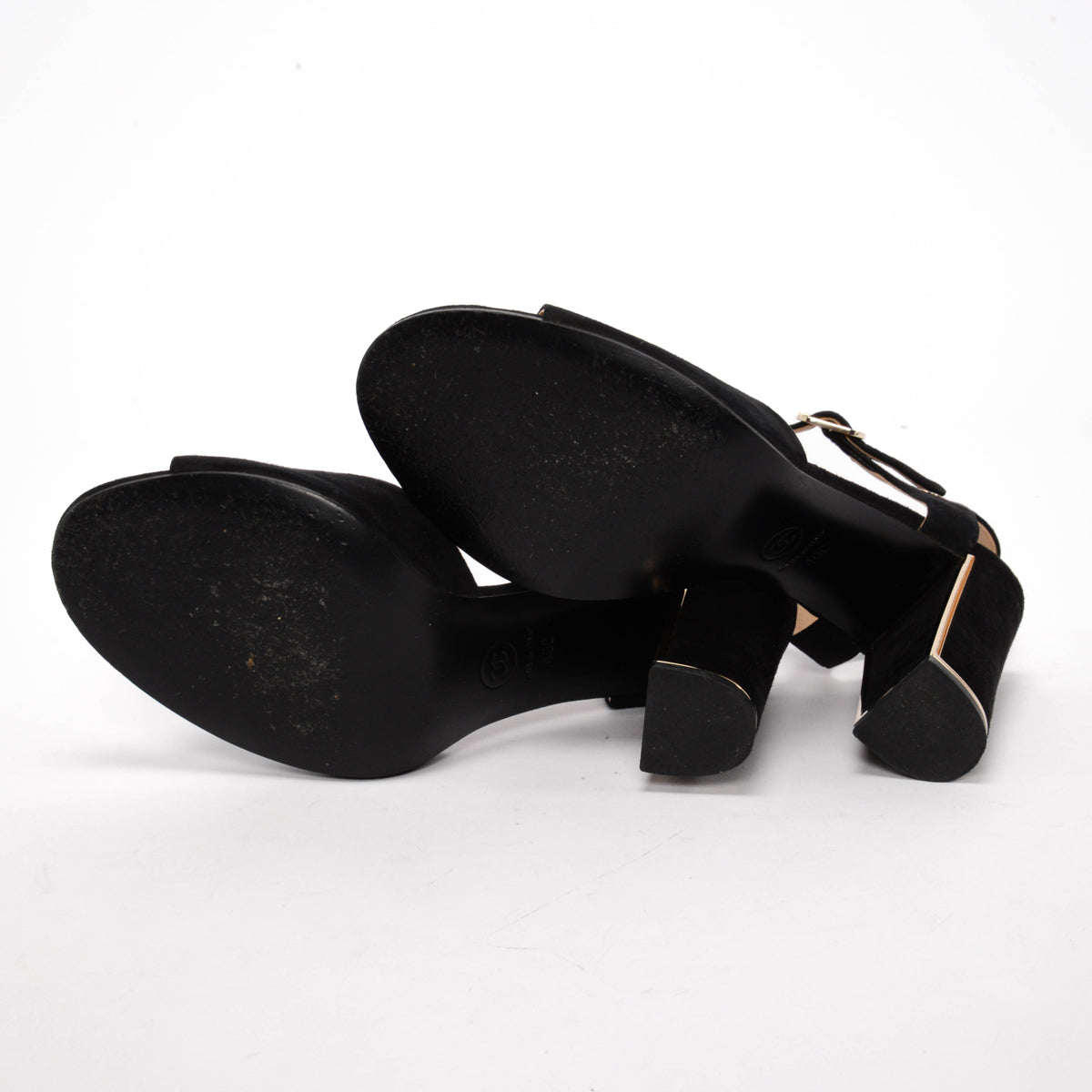 Chanel Black Suede Gold Trim Sandals 40
