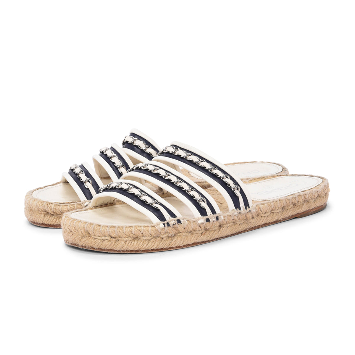 Chanel White & Navy Chain Espadrille Slides 40