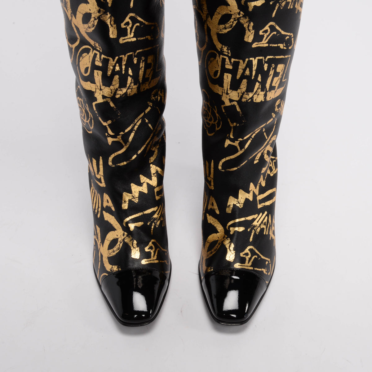 Chanel Black & Gold Lambskin Grafitti Boots 39