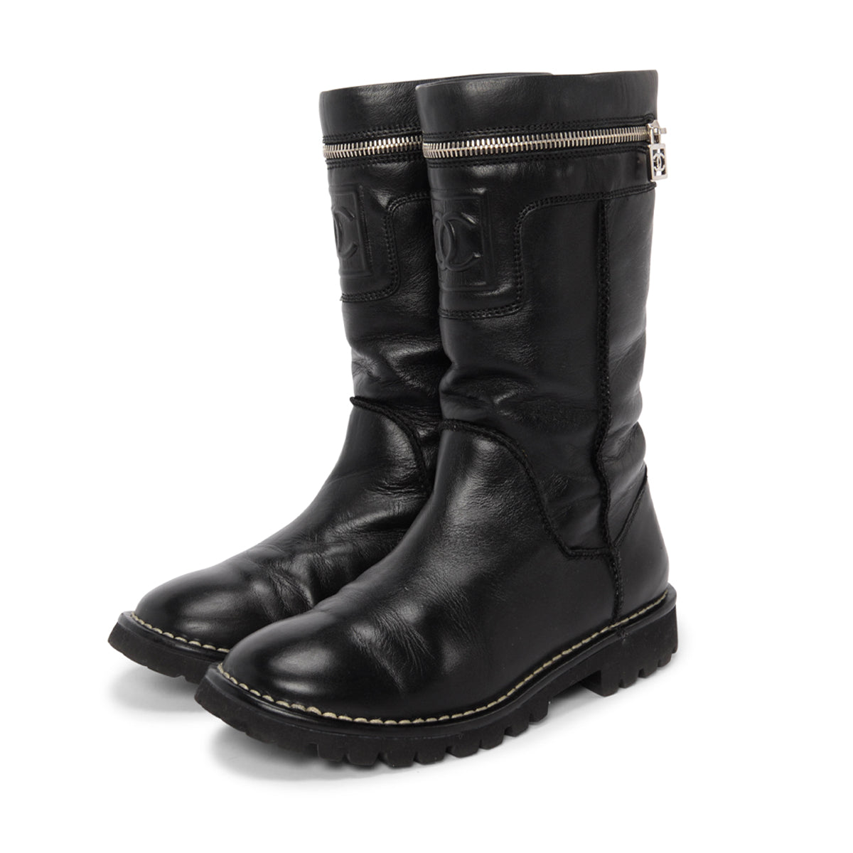 Chanel Black Calfskin Motorcycle Zipper Boots 36