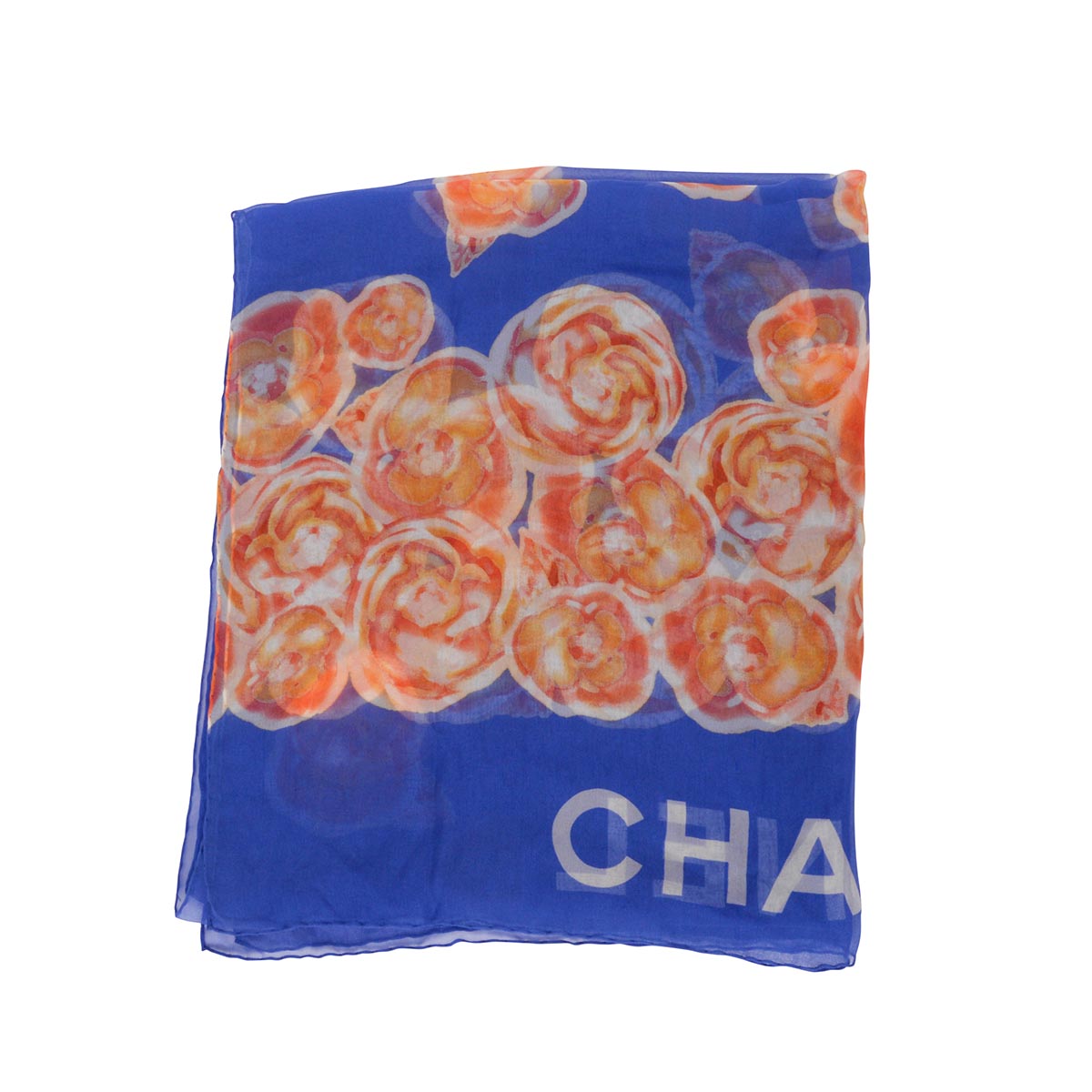 Chanel Blue Silk Chiffon Camellia Print Scarf