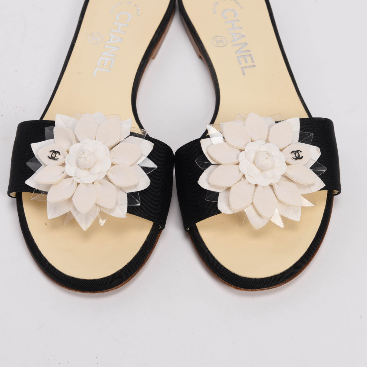 Chanel Black Grosgrain Floral Embellished Sandals 37