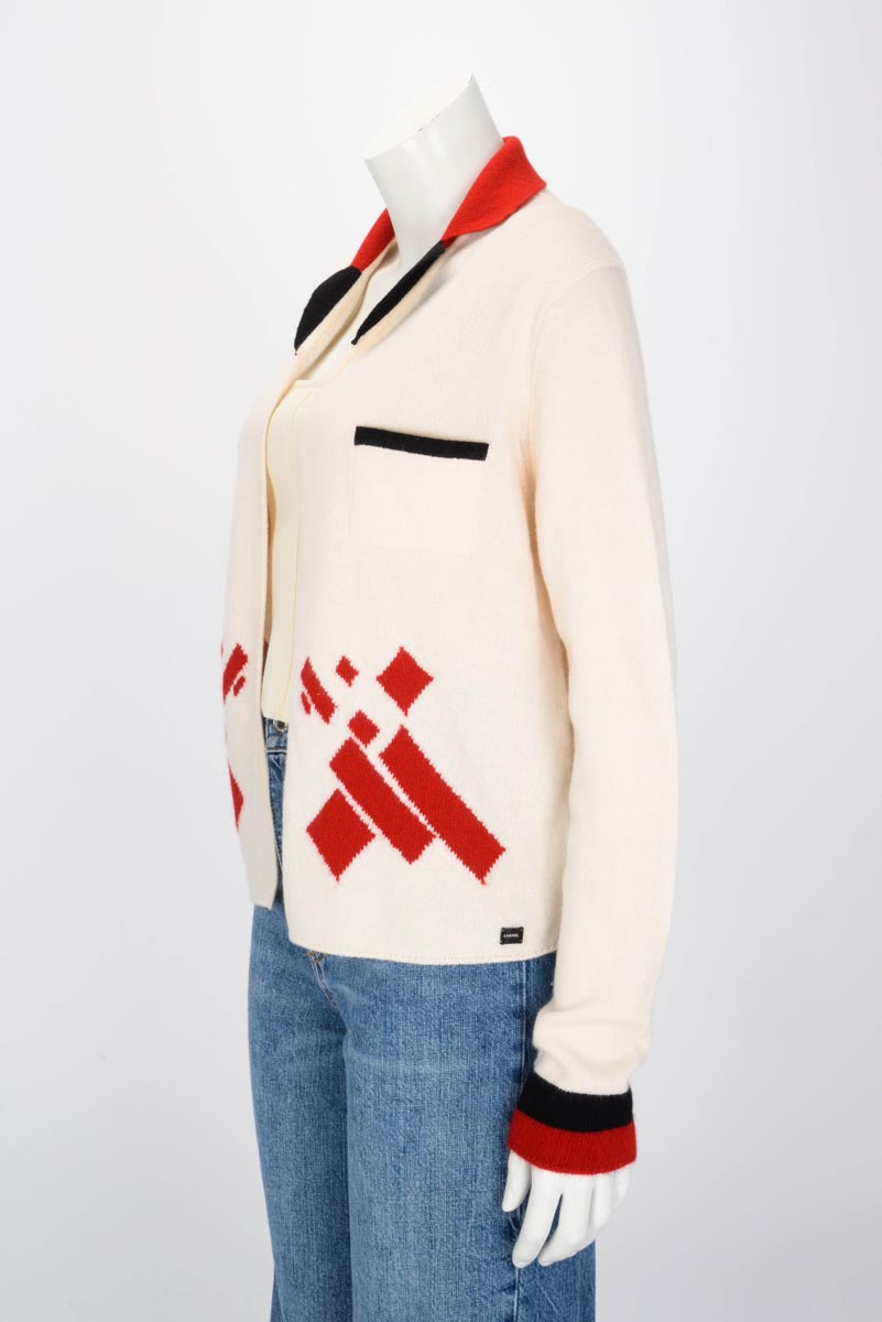 Chanel Ecru & Red Cashmere Open Cardigan FR 46