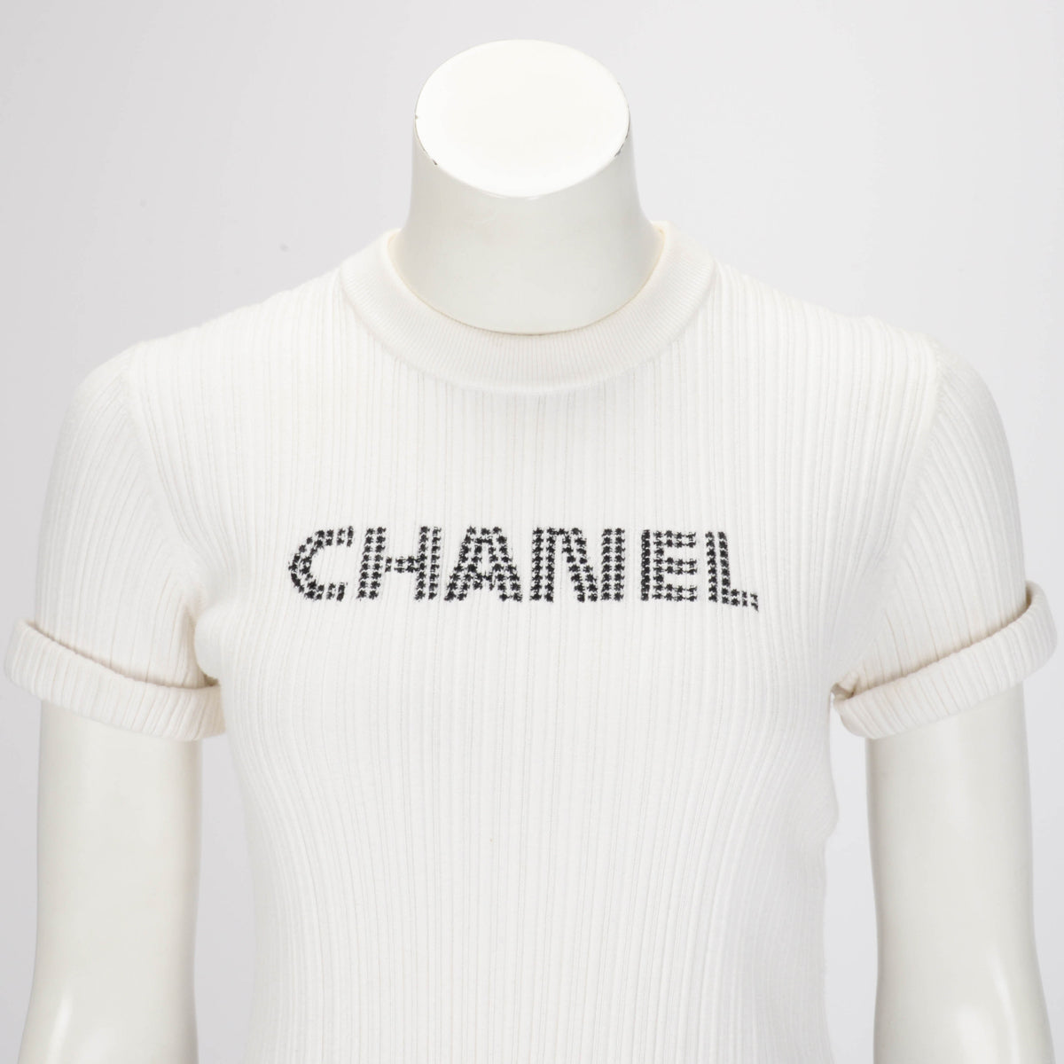 Chanel White Ribbed Cotton Logo Knit Top