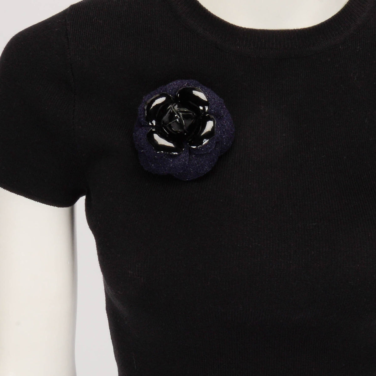 Chanel Navy Tweed & Leather Camellia Brooch