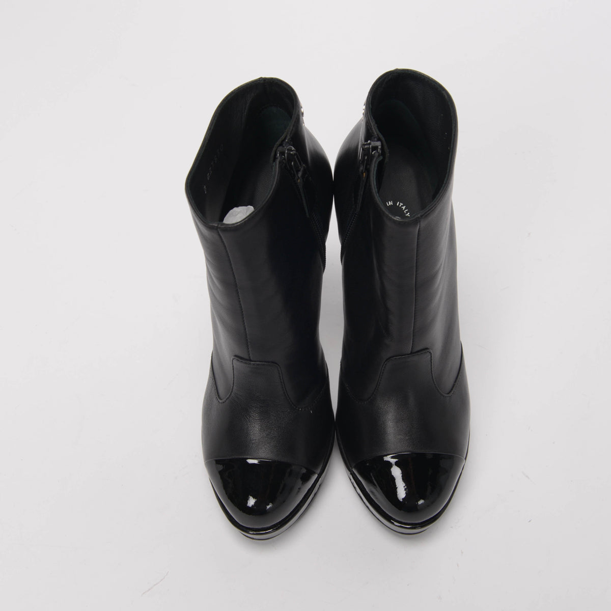 Chanel Black Lambskin Patent Cap Toe Boots 36