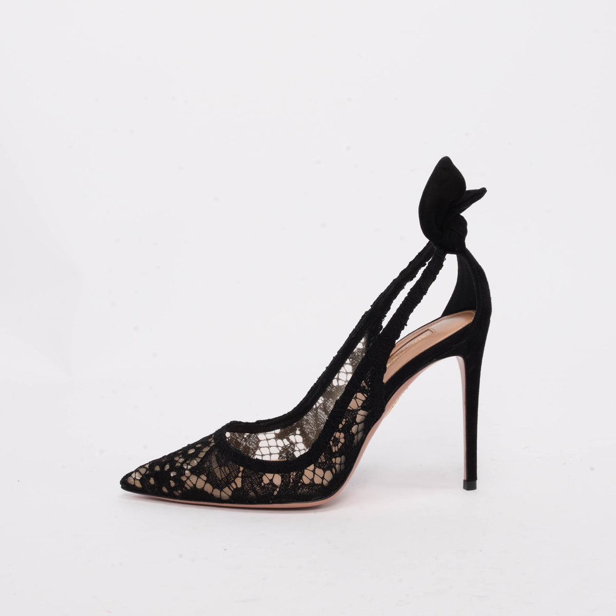 Aquazzura Black Lace & Suede Bow Tie Pumps 37