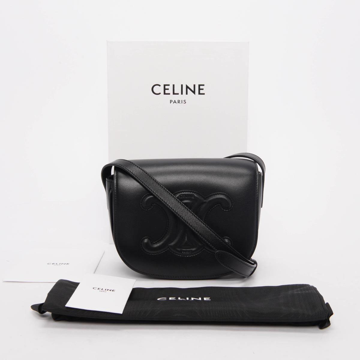 Celine Black Smooth Calfskin Triomphe Folco Cross Body Bag