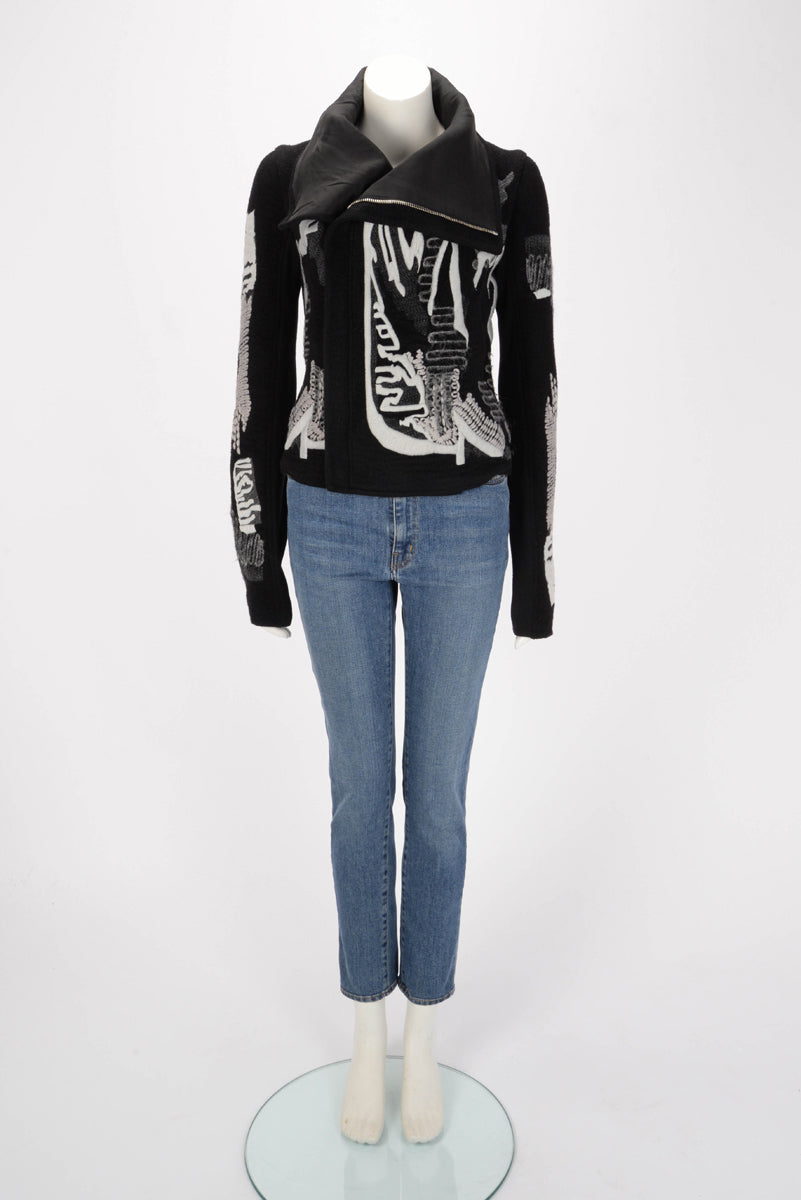 Rick Owens Black Cashmere Embroidered Biker Jacket IT 42