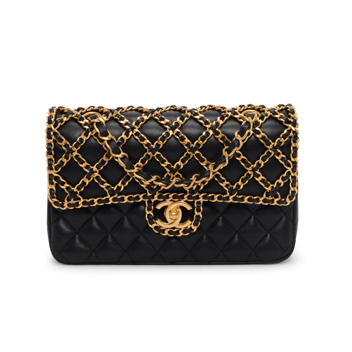 Chanel Black & Gold Lambskin Classic Woven Chain Flap Bag