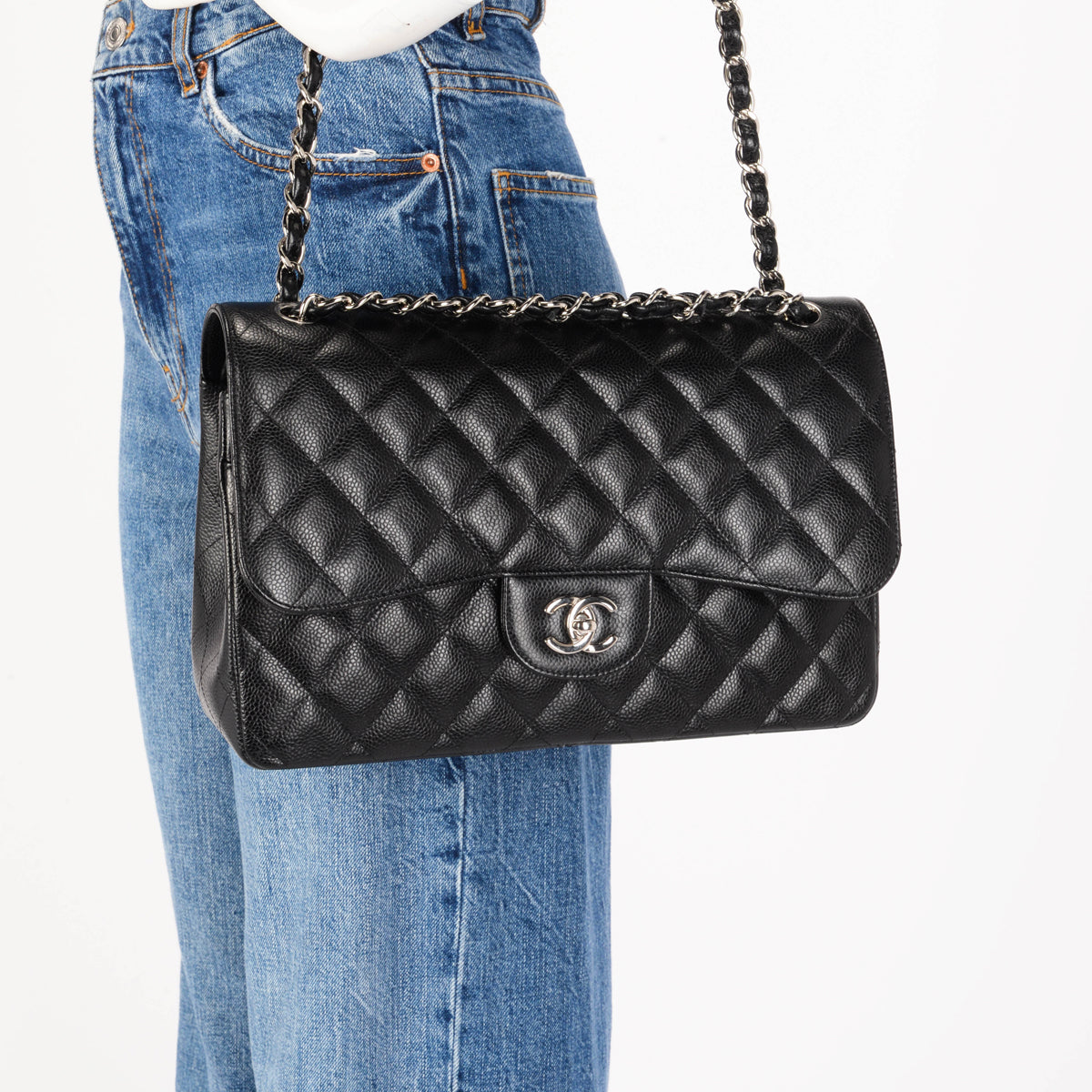 Chanel Black Caviar Large Double Flap Shoulder Bag