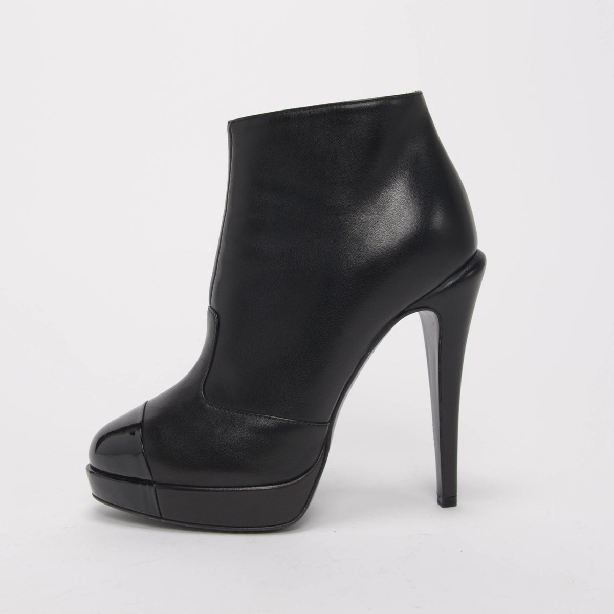 Chanel Black Lambskin Patent Cap Toe Boots 36