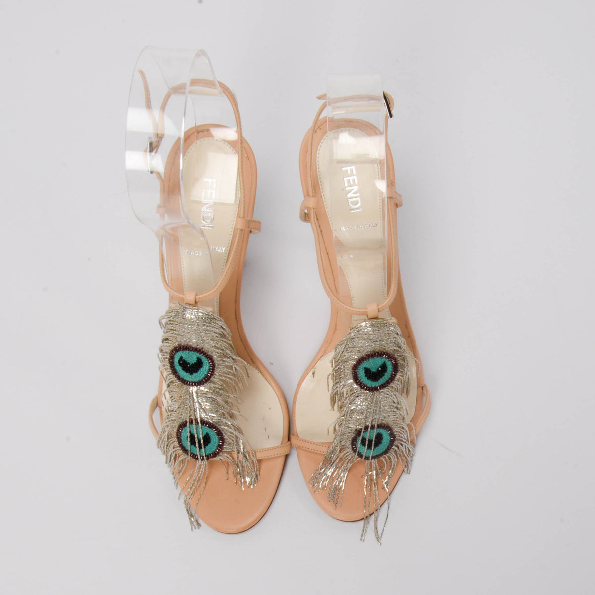 Fendi Blush Leather Embellished Peacock Fringe Sandals 38