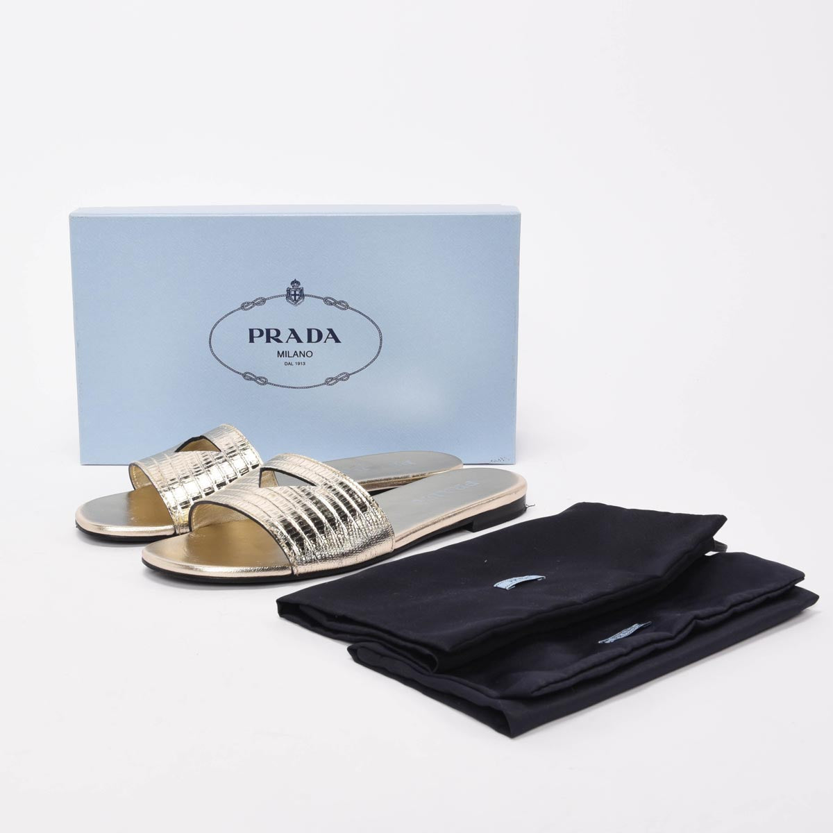Prada Light Gold Lizard St Tejus Slides 40