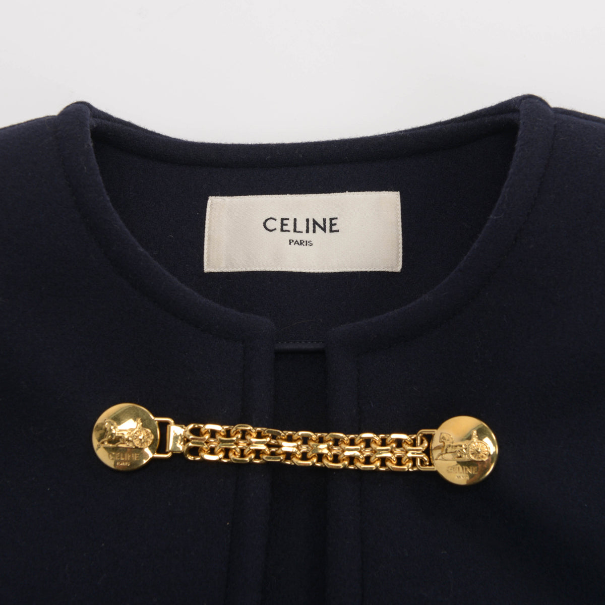 Celine Navy Wool Melton V-Neck Chain Pullover FR 38