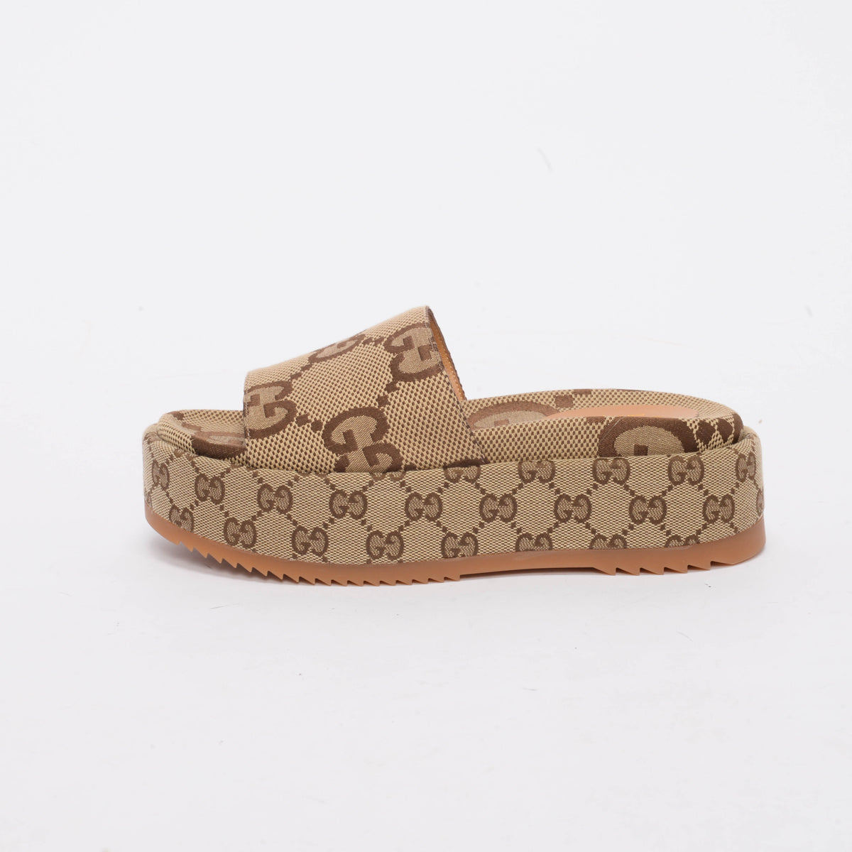 Gucci Camel Maxi GG Canvas Platform Slides 36.5