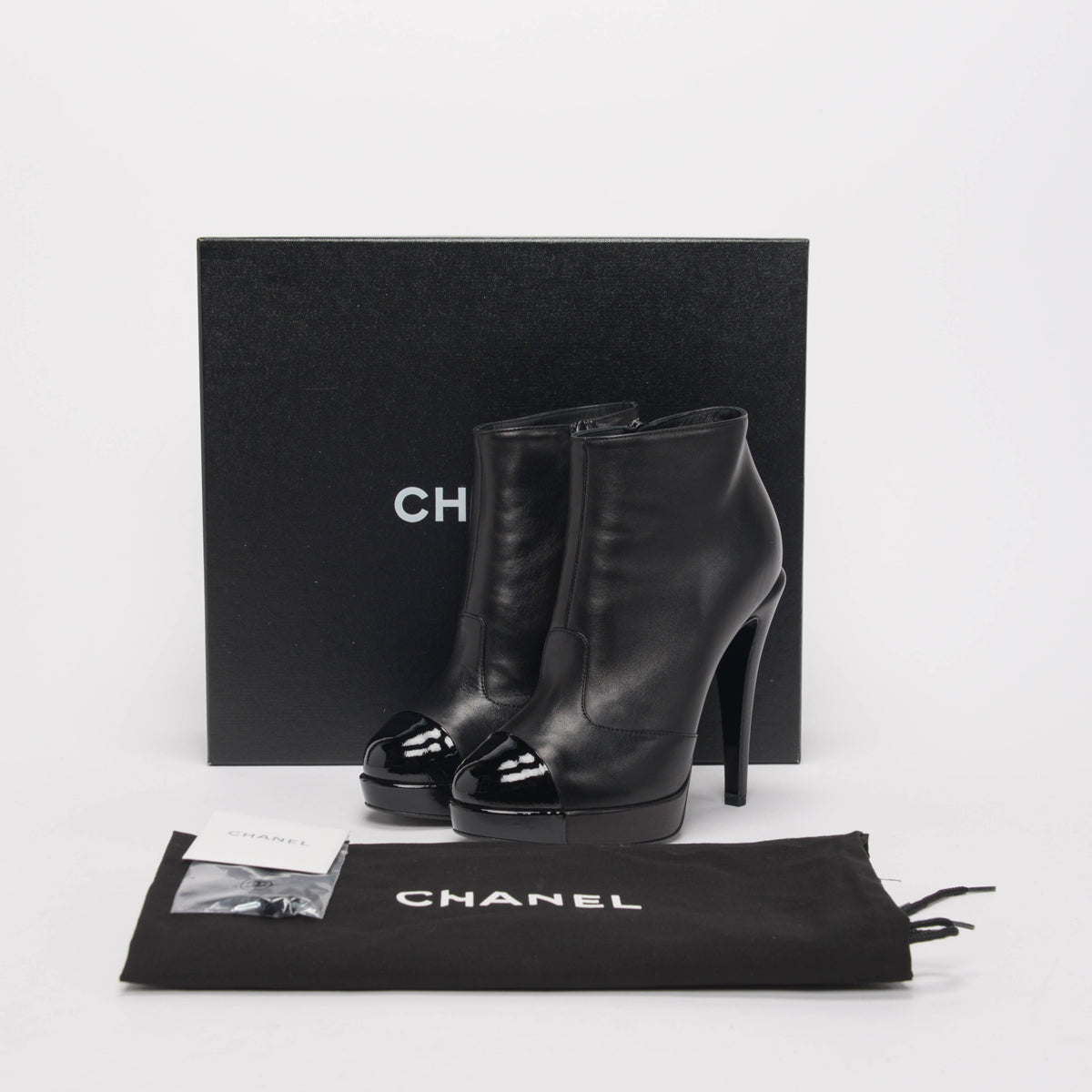 Chanel Black Lambskin Patent Cap Toe Boots 36