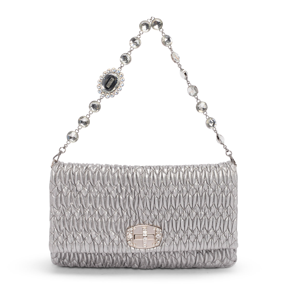 Miu Miu Silver Matelasse Nappa Crystal Shoulder Bag