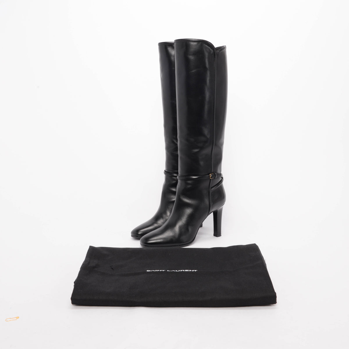 Saint Laurent Black Polished Leather Jane Buckle Boots 39.5