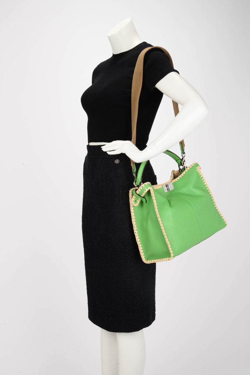 Fendi Lime Calfskin & Raffia Medium Peekaboo X-Lite Bag