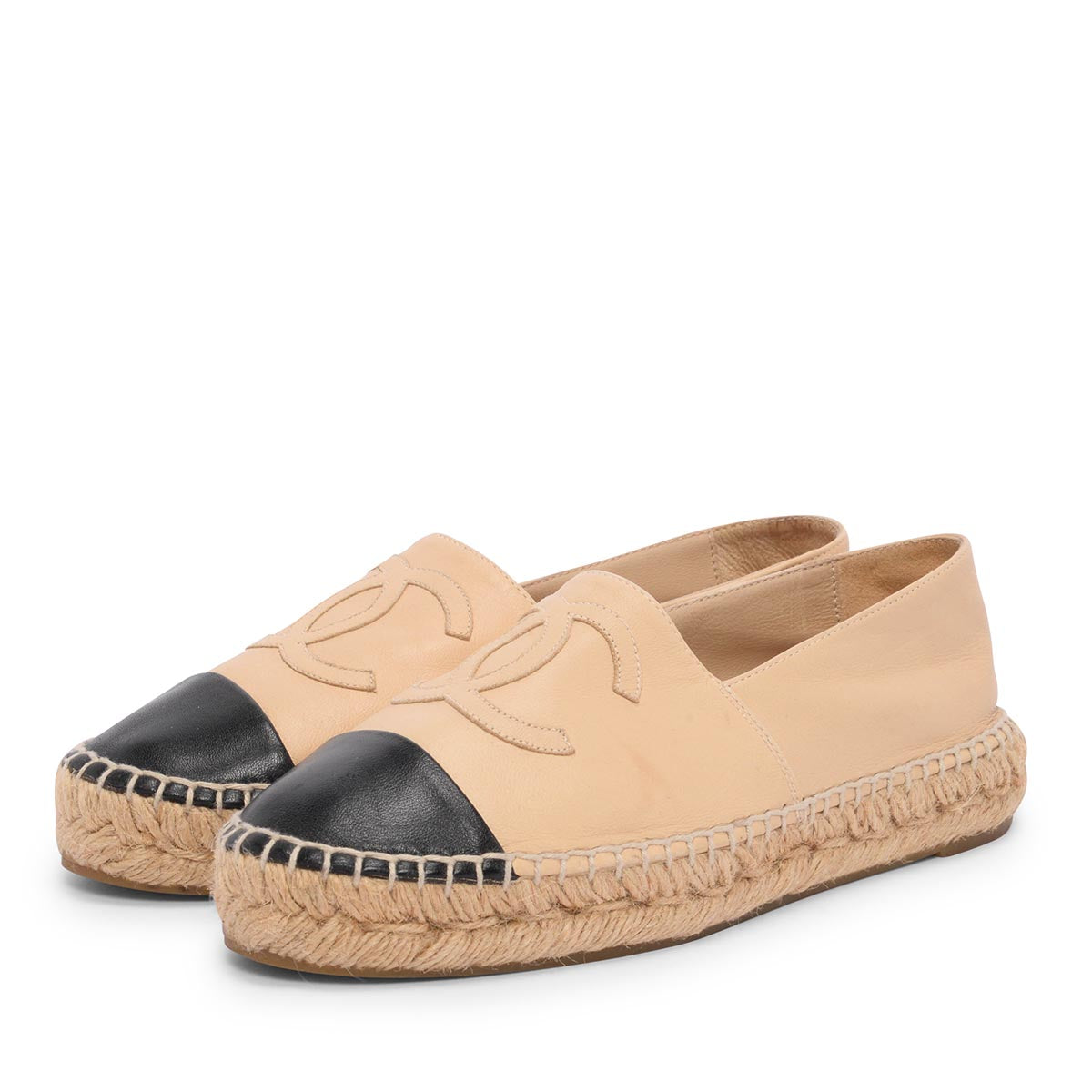 Chanel Beige & Black Lambskin Espadrilles 35